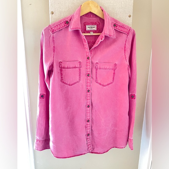 Express Pink Military Shirt Boyfriend Fit Button Down Roll Tab Sleeve Size XS - Picture 2 of 4